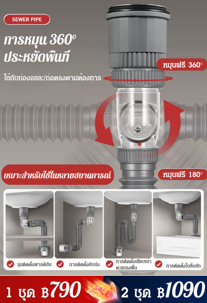 ชุดท่อระบายน้ำติดอ่างล้างหน้า ป้องกันกลิ่น 