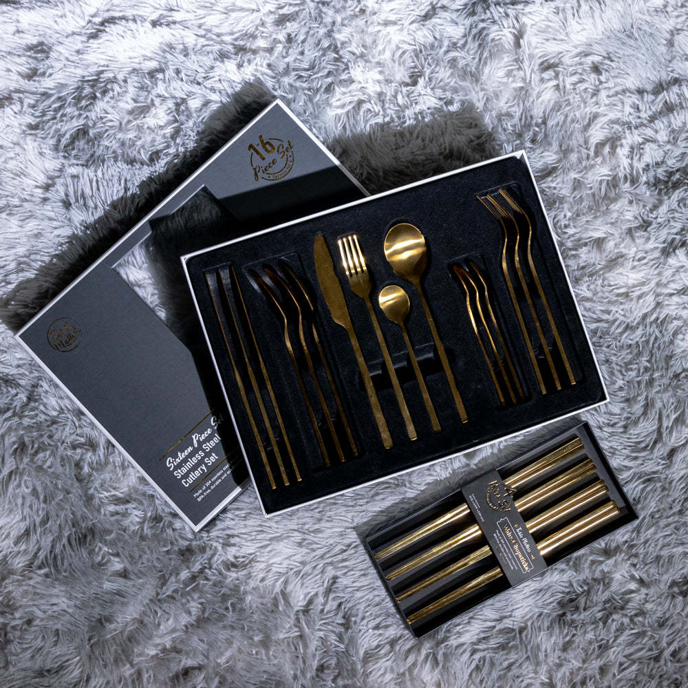 20PCS Stainless Steel Cutlery Set - Matt Gold [Dinner Spoon|Dinner Fork|Dinner Knife|Teaspoon|Chopsticks]
