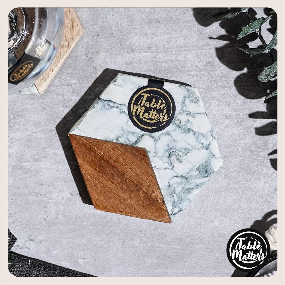SCANDI - Lotus Green Marble Wood Hexagon Coaster