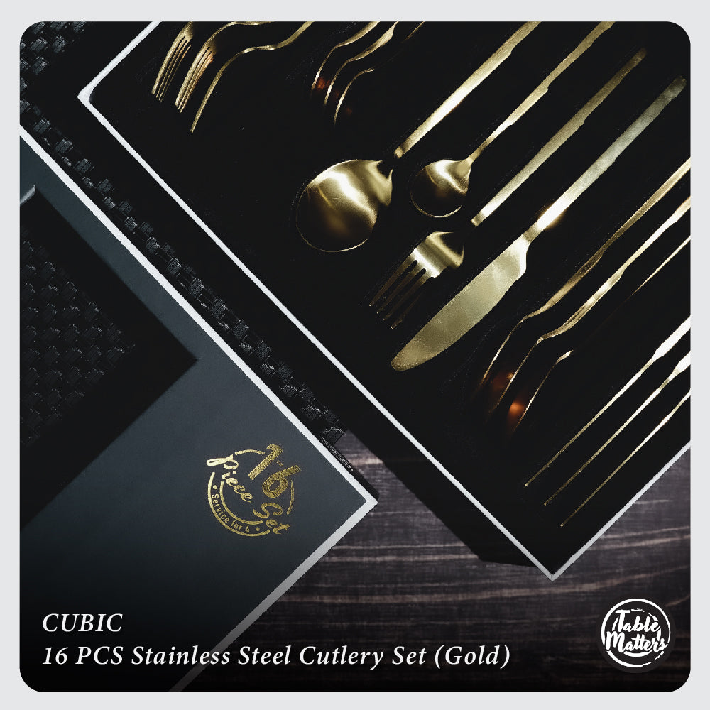 Cubic 16 Piece Stainless Steel Cutlery Set (Matt Gold)