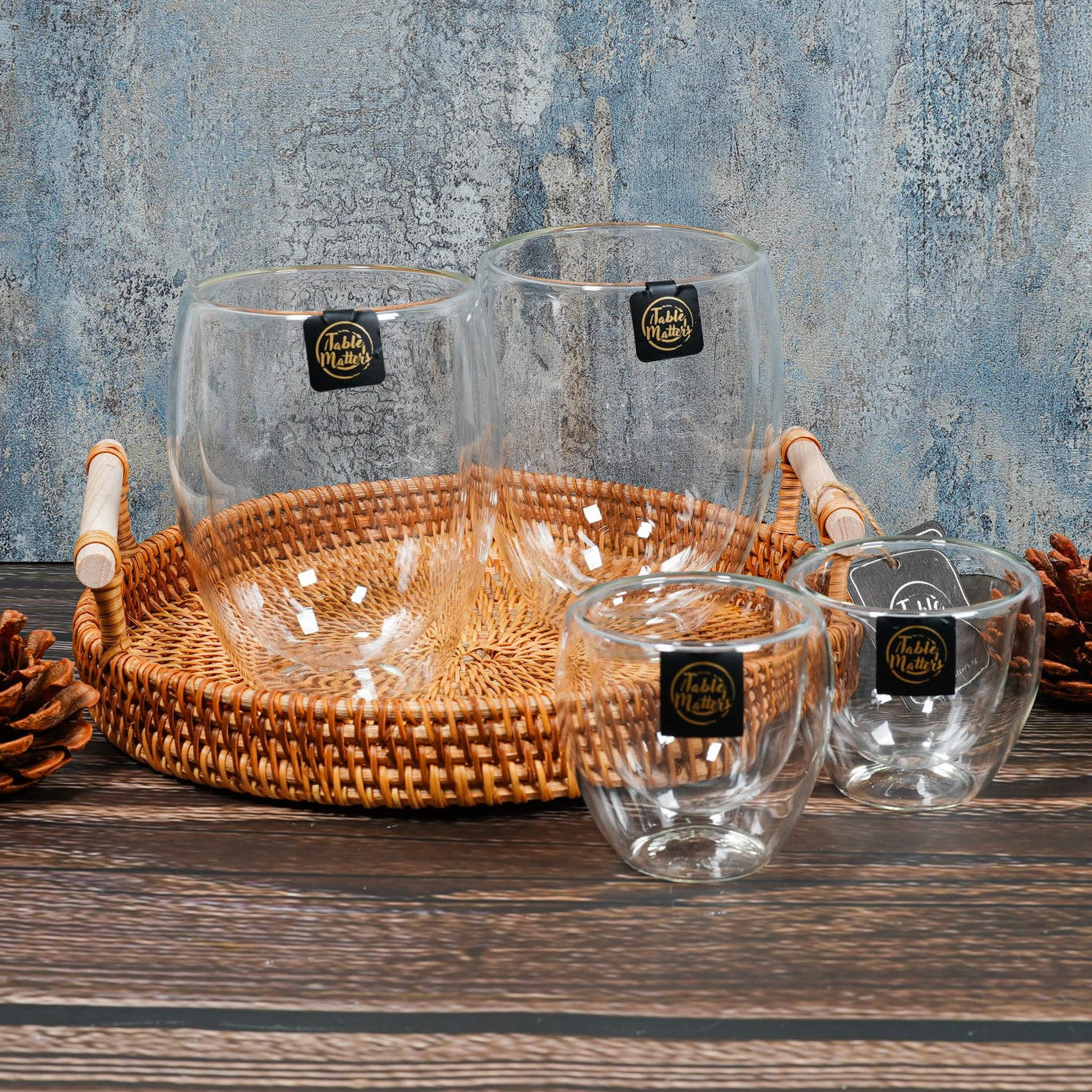 Bundle Deal For 2 - Double Wall Coffee Glass with Rattan Serving Tray 5PCS Set