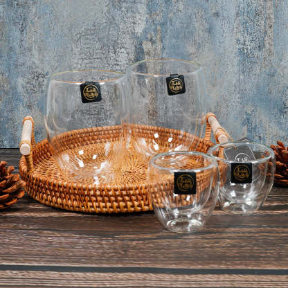 Bundle Deal For 2 - Double Wall Coffee Glass with Rattan Serving Tray 5PCS Set