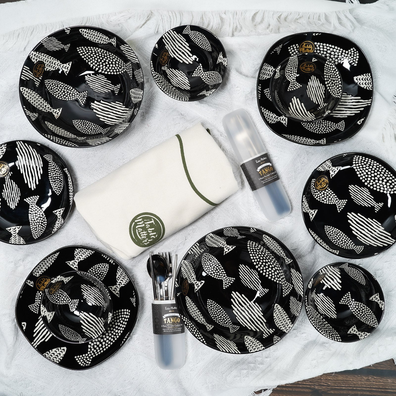 Bundle Deal For 2 - Fishes Ebony Hand Painted 16PCS Dining Set