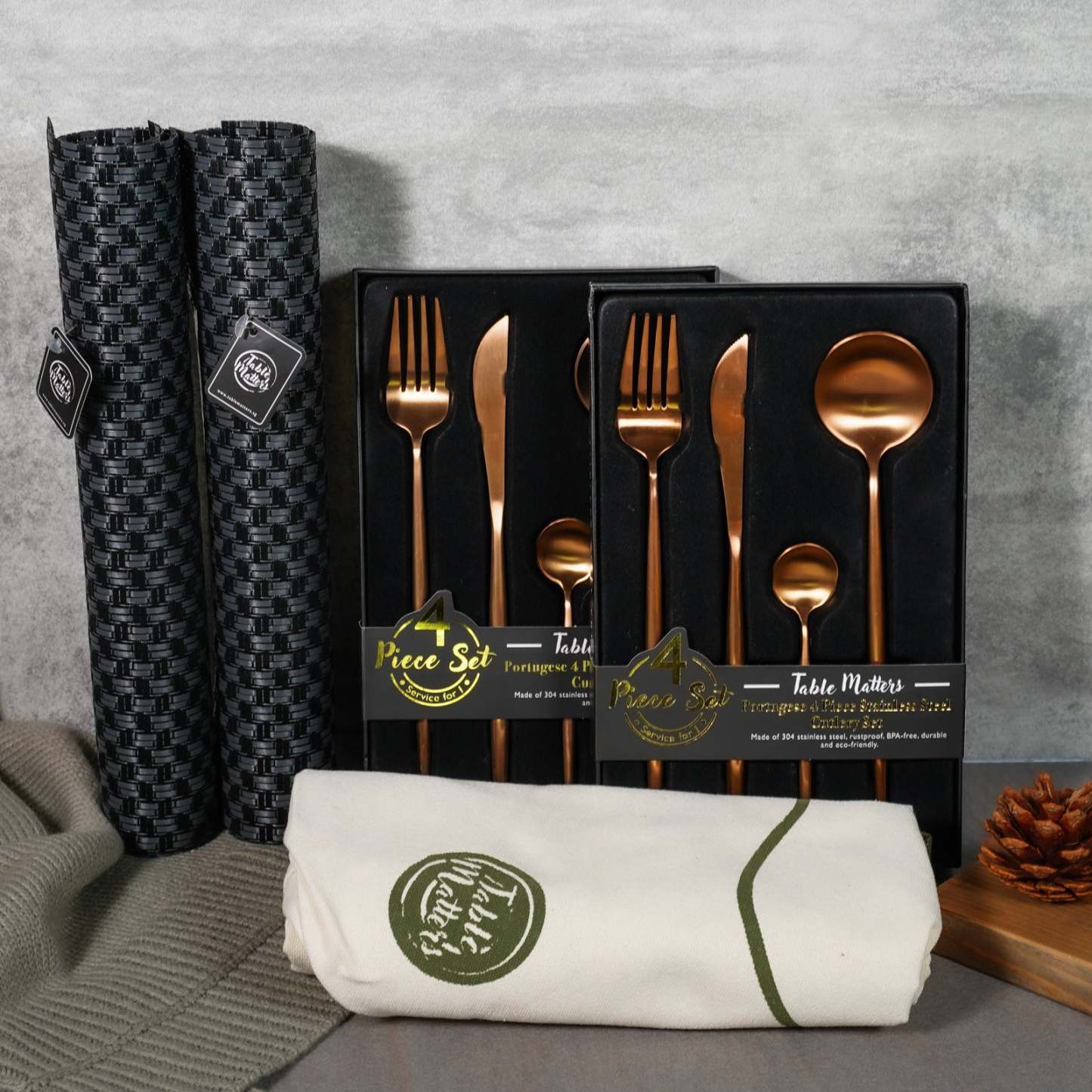 Bundle Deal for 2 - Portugese 4PC Stainless Steel Cutlery Set (Rose Gold) & Modern Black Woven Placemats