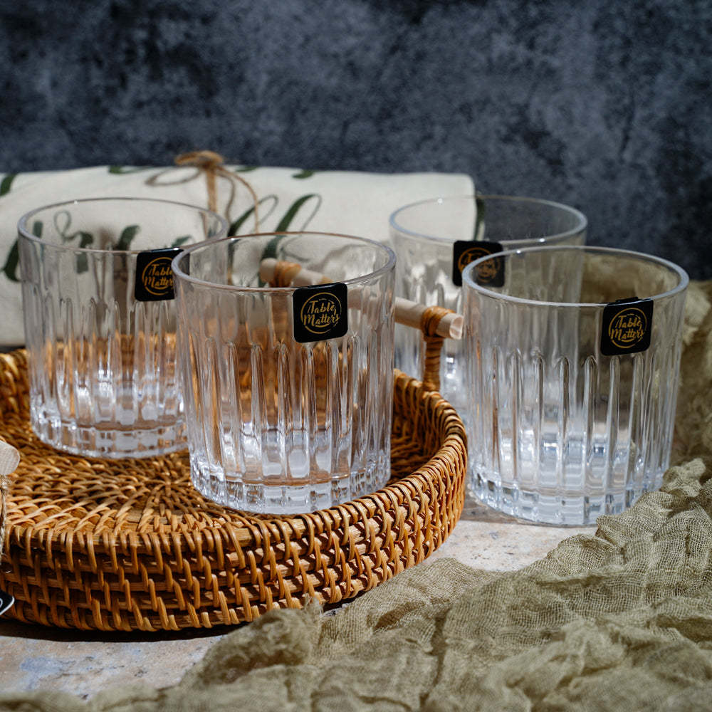 Bundle Deal For 4 - Taikyu Line Whiskey Glasses & Rattan Serving Tray Set