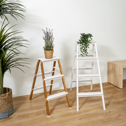 VIV 3 Tier | 4 Tier Bi-Directional Foldable Aluminum Step Ladder 3 Color [Black | White | Woodgrain] - Compact