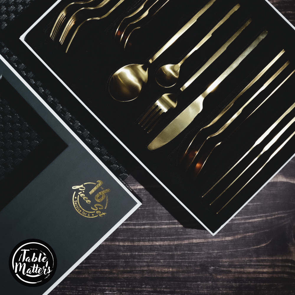Bundle Deal for 4 - Cubic 16PC Stainless Steel Cutlery Set (Matt Silver) & Modern Black Woven Placemats