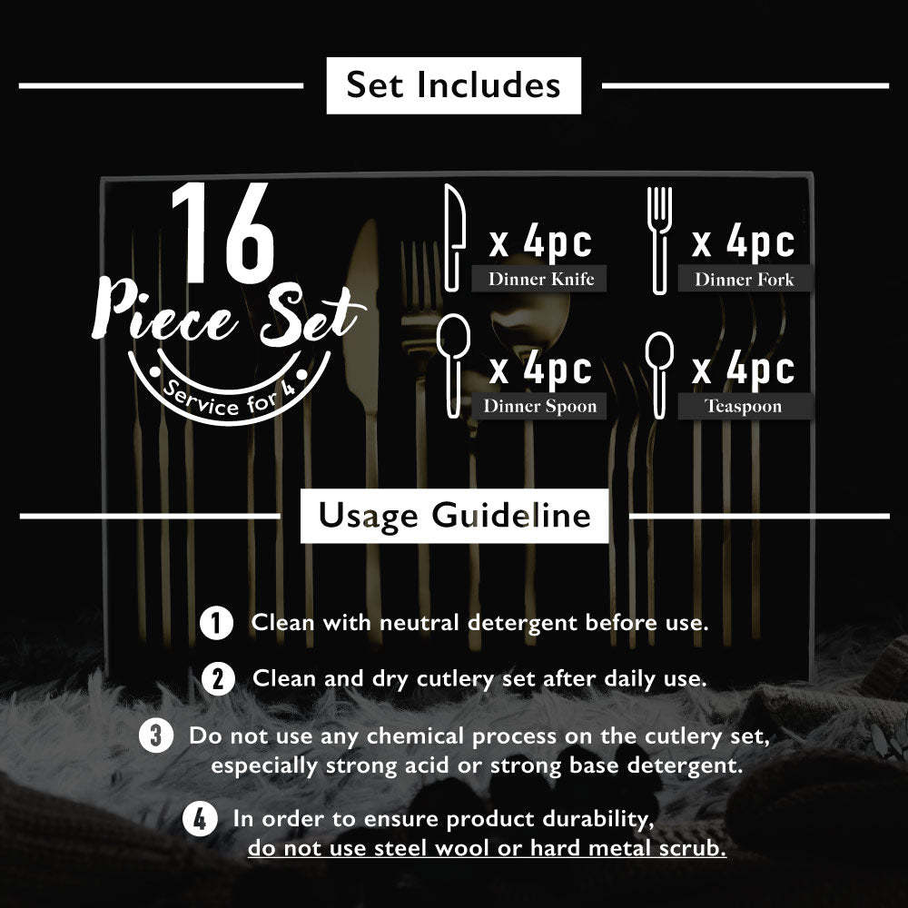 Bundle Deal for 4 - Cubic 16PC Stainless Steel Cutlery Set (Matt Silver) & Modern Black Woven Placemats