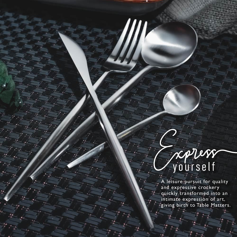 Bundle Deal for 2 - Portugese 4PC Stainless Steel Cutlery Set (Matt Silver) & Modern Black Woven Placemats