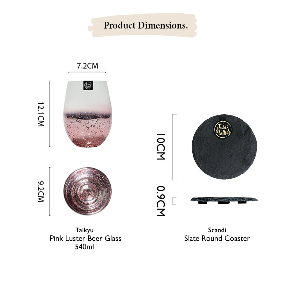 Bundle Deal - Taikyu Pink Luster Beer Glass - Set of 4 - 540ml + SCANDI Slate Round Coaster - Set of 4