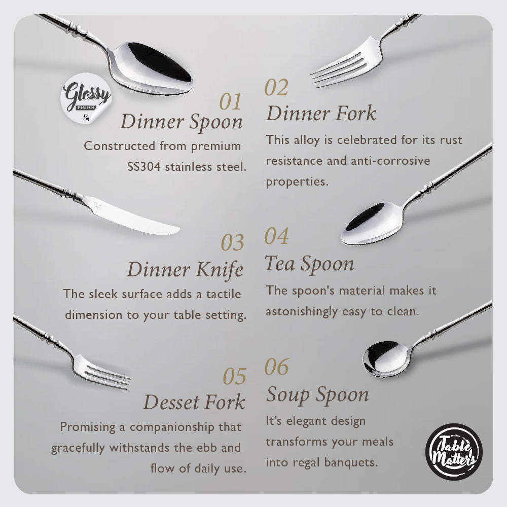 Royale Stainless Steel Cutlery Set [Dinner Spoon | Dinner Fork | Dinner Knife | Tea Spoon | Tea Fork | Soup Spoon]