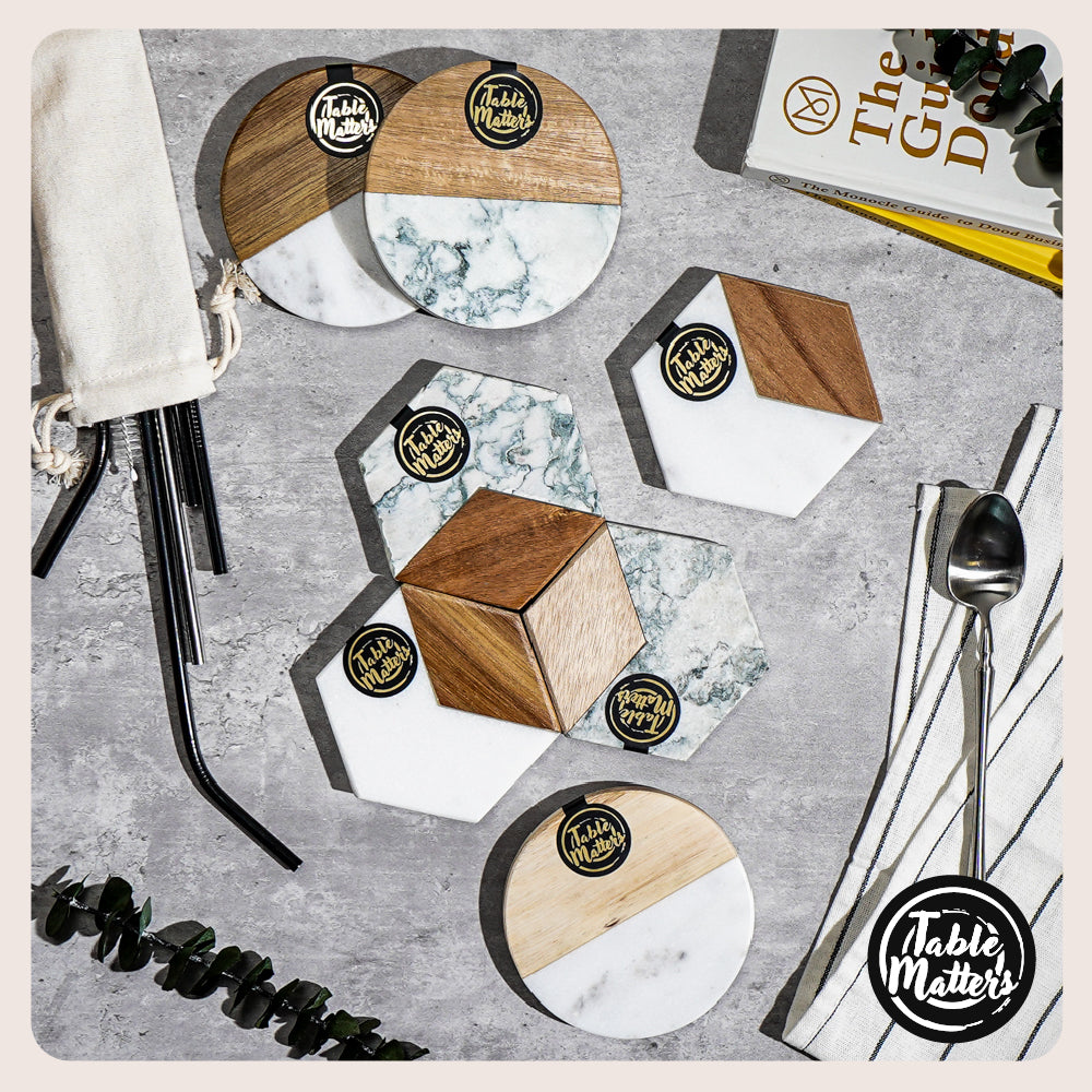 SCANDI - Lotus Green Marble Wood Hexagon Coaster