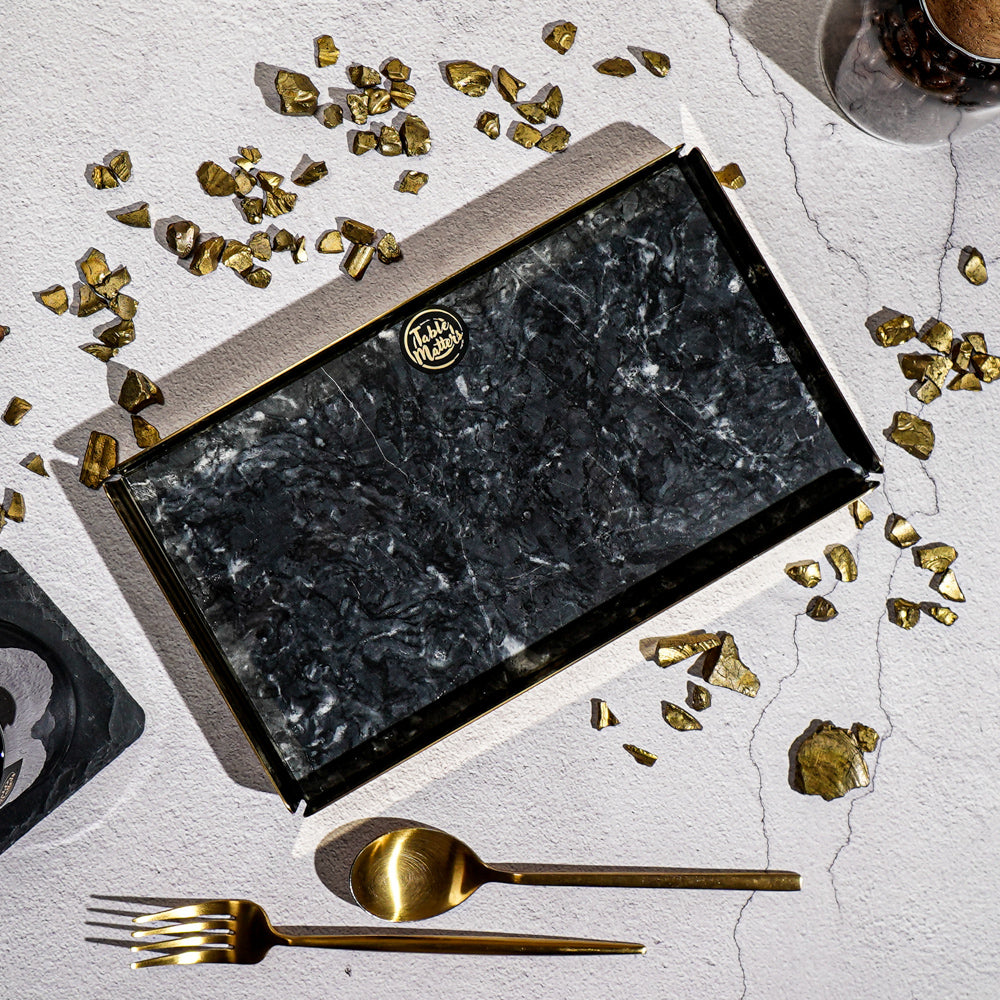 SCANDI - Black Marble Tray with Gold Rim