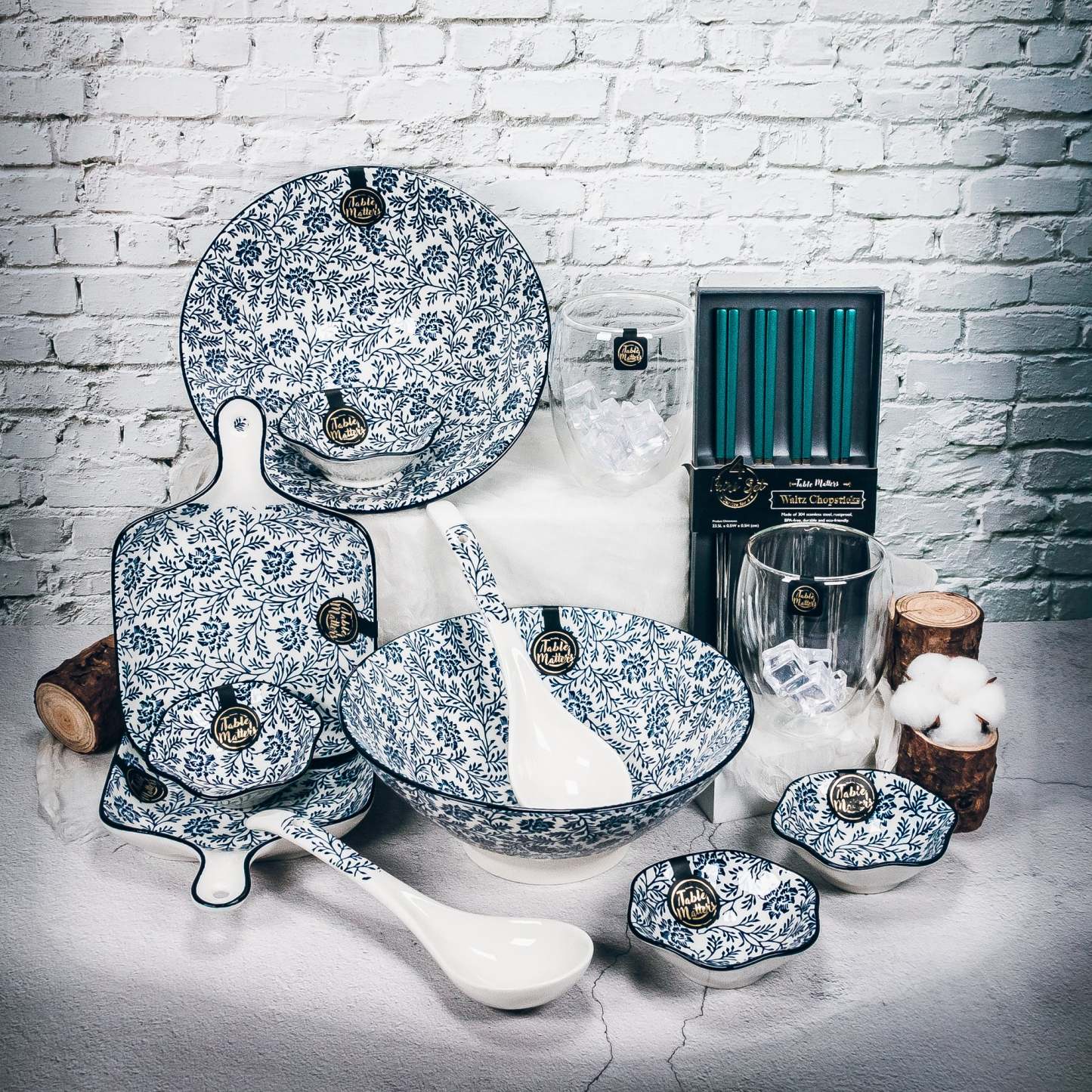 Bundle Deal - Floral Blue 16PCS Ramen Dining Set