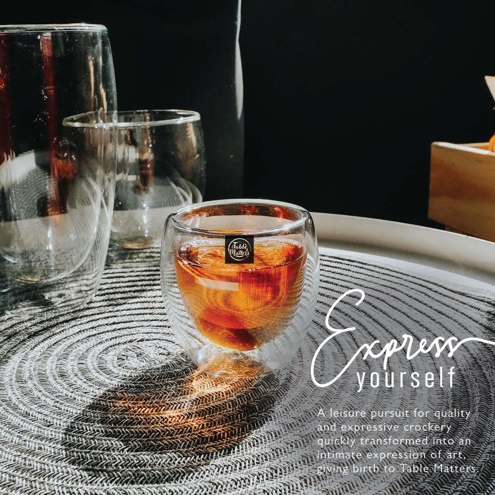Bundle Deal For 2 - Double Wall Coffee Glass with Rattan Serving Tray 5PCS Set