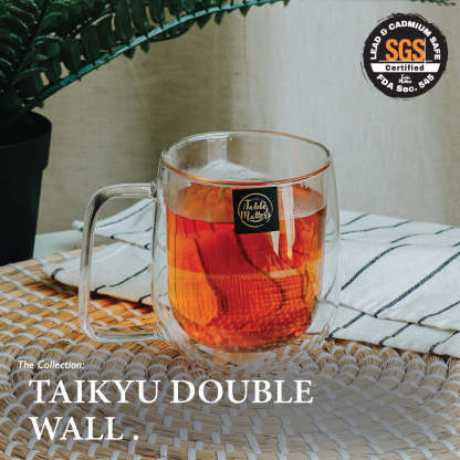 Bundle Deal For 2 - Double Wall Coffee Glass with Rattan Serving Tray 5PCS Set