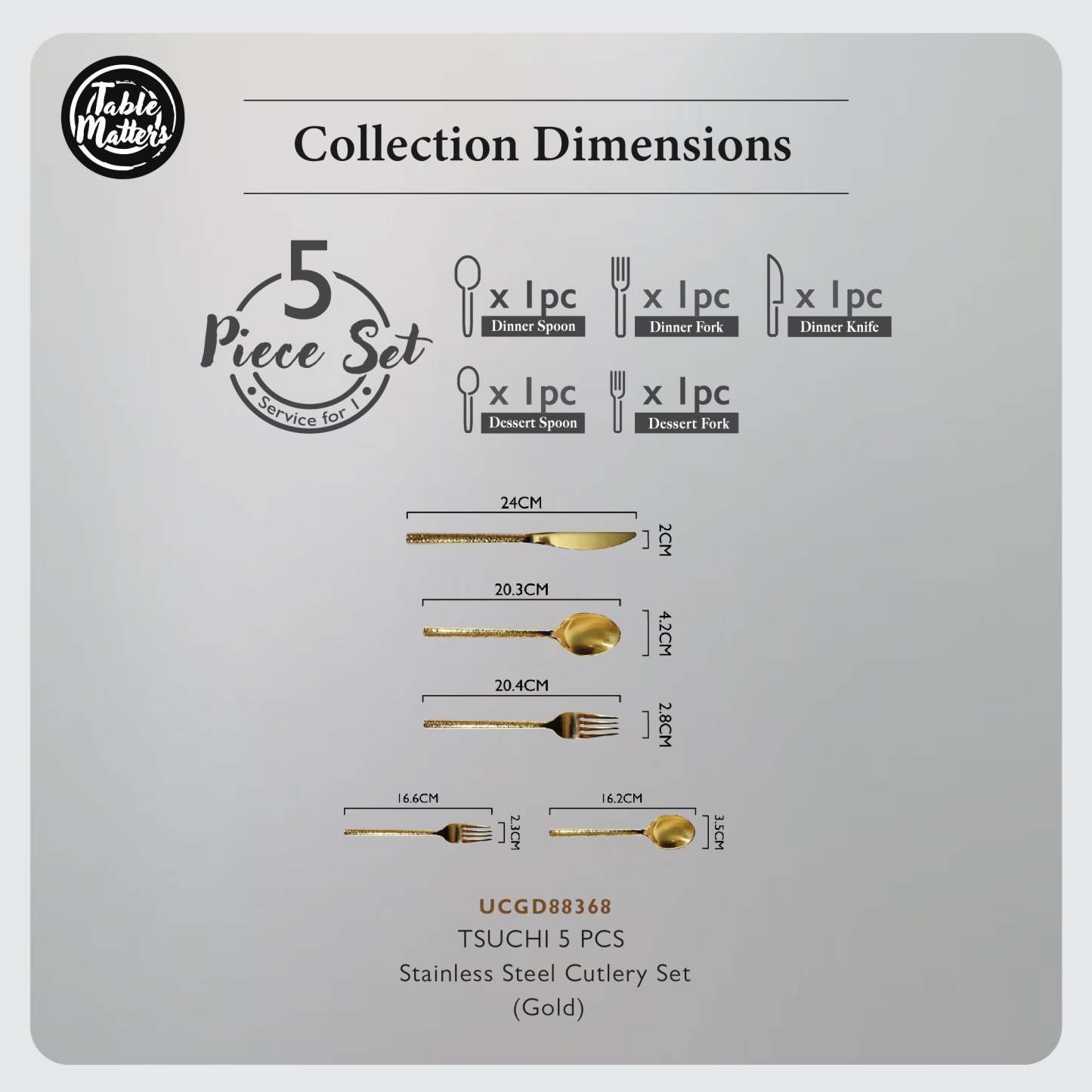 Tsuchi 5 Piece Stainless Steel Cutlery Set (Gold)