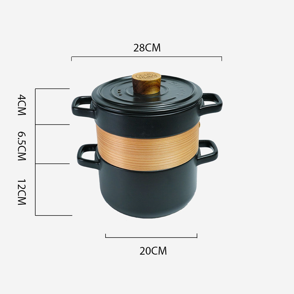 Vintage 3 in 1 Multi Tiered Ceramic Cook (Steam) Pot - Small (Pastel Black)