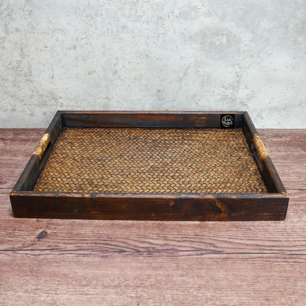 12 inch Wood Rattan Serving Tray