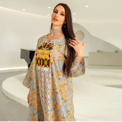 الشرق الأوسط رباعي المواسم فستان قطني مطرز بالزهور للمسلمات