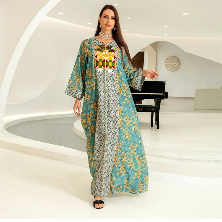 الشرق الأوسط رباعي المواسم فستان قطني مطرز بالزهور للمسلمات