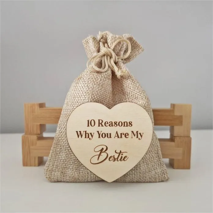🎁Wooden Gift-10 Reasons Why You Are My Bestie Jute Bag With Hearts🧡