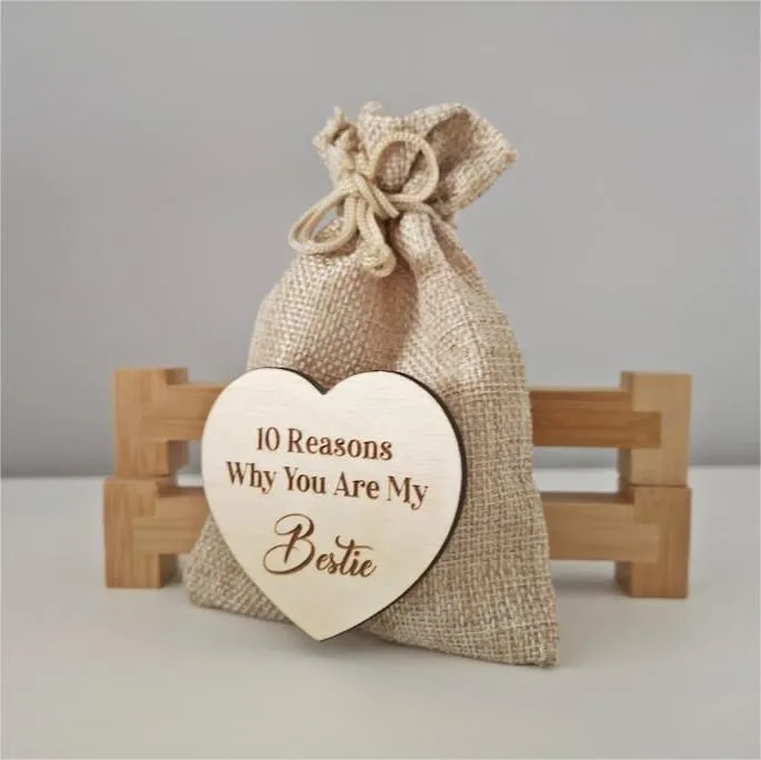 🎁Wooden Gift-10 Reasons Why You Are My Bestie Jute Bag With Hearts🧡