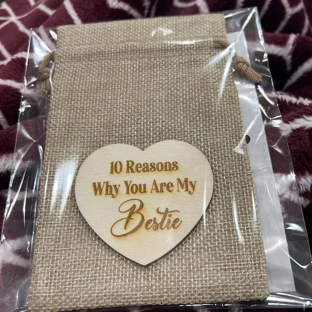 🎁Wooden Gift-10 Reasons Why You Are My Bestie Jute Bag With Hearts🧡