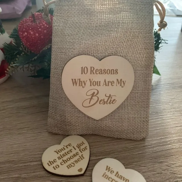 🎁Wooden Gift-10 Reasons Why You Are My Bestie Jute Bag With Hearts🧡