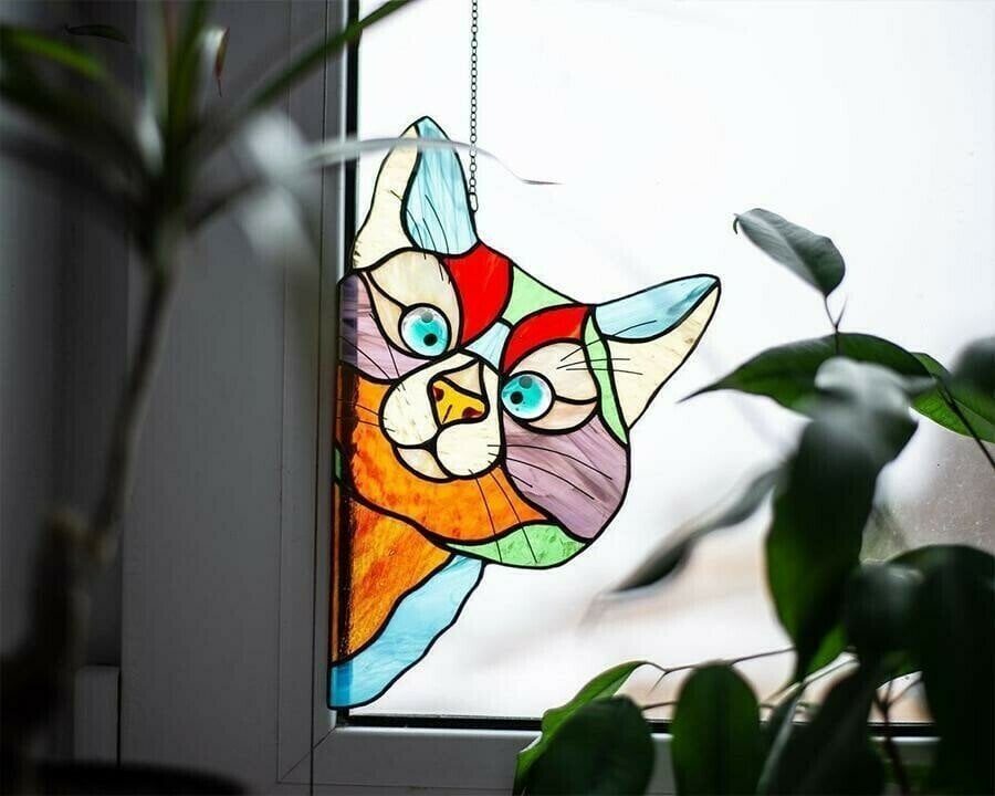 Handmade Stain glass cat suncatcher for window