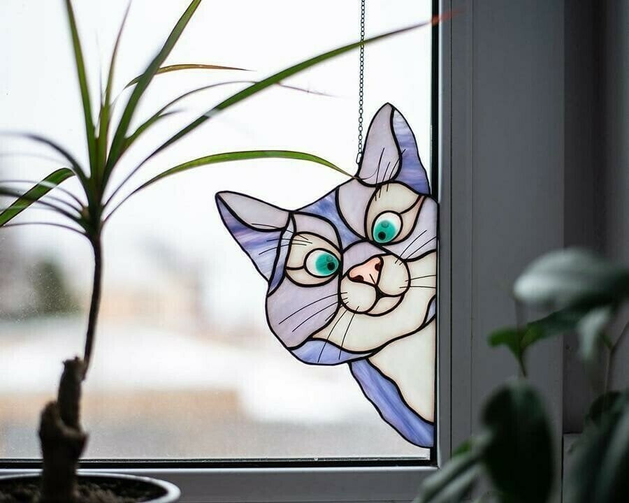 Handmade Stain glass cat suncatcher for window