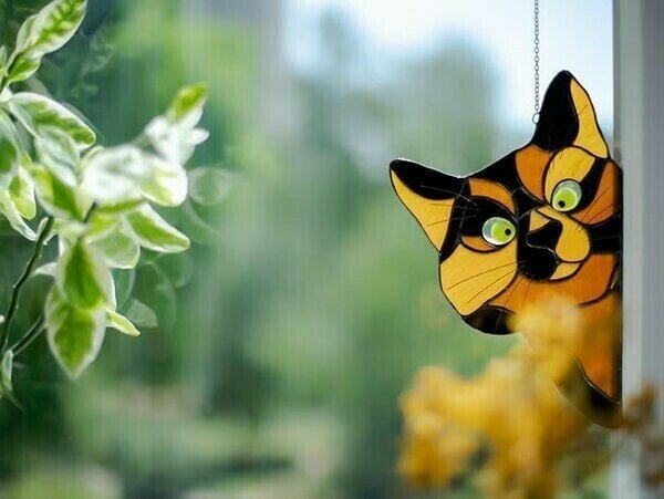 Handmade Stain glass cat suncatcher for window