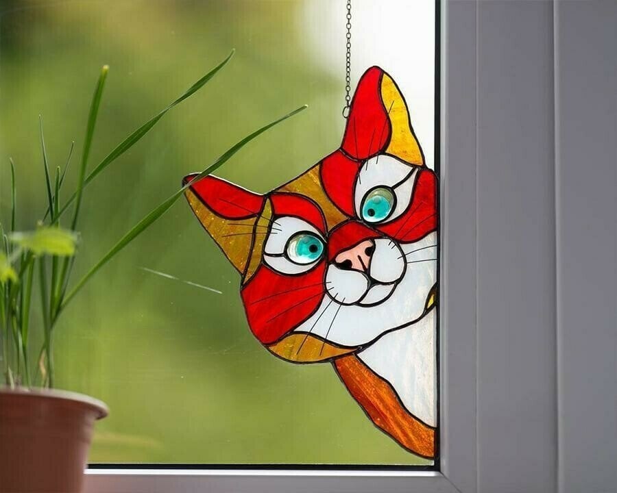Handmade Stain glass cat suncatcher for window
