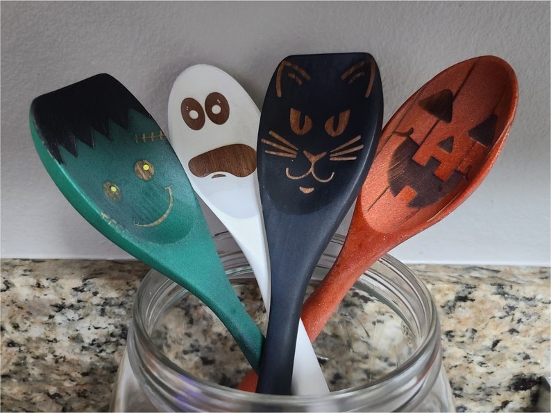 万圣节木勺厨房装饰,木制万圣节装饰,秋季厨房装饰,万圣节勺子,怪异装饰,秋季厨房装饰图片 1