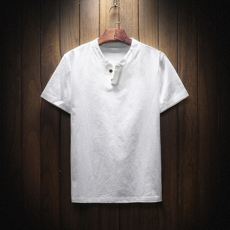 【リネンTシャッ】生地は麻100%を使用、ヘンリーネックでシンプルお洒落に!