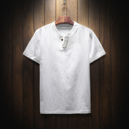 【リネンTシャッ】生地は麻100%を使用、ヘンリーネックでシンプルお洒落に!
