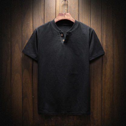 【リネンTシャッ】生地は麻100%を使用、ヘンリーネックでシンプルお洒落に!