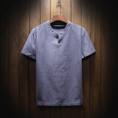 【リネンTシャッ】生地は麻100%を使用、ヘンリーネックでシンプルお洒落に!
