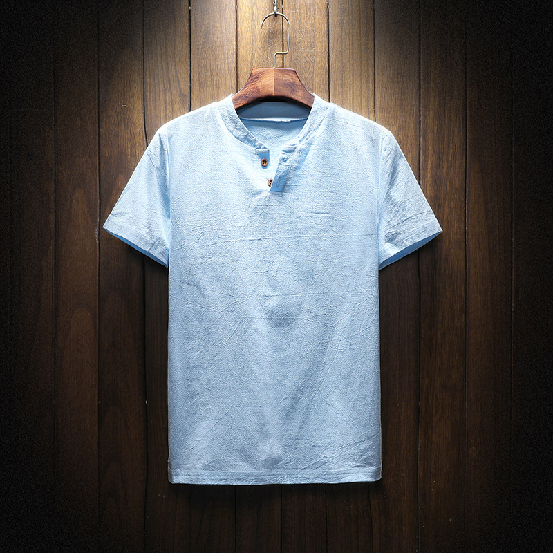 【リネンTシャッ】生地は麻100%を使用、ヘンリーネックでシンプルお洒落に!