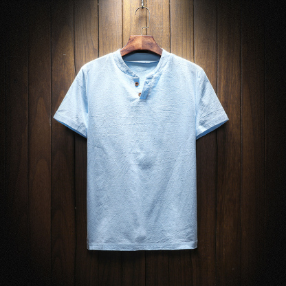 【リネンTシャッ】生地は麻100%を使用、ヘンリーネックでシンプルお洒落に!