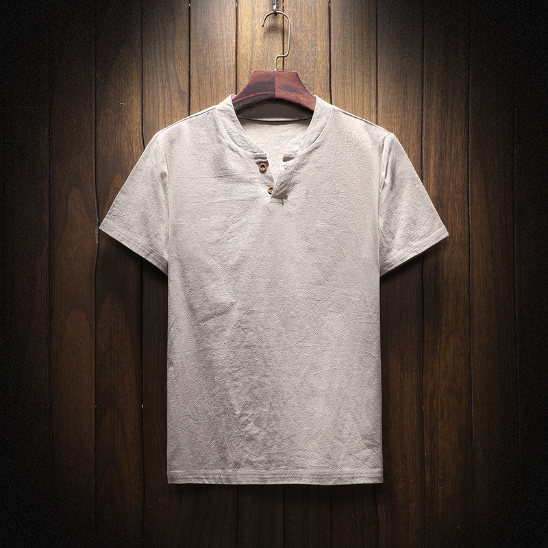 【リネンTシャッ】生地は麻100%を使用、ヘンリーネックでシンプルお洒落に!