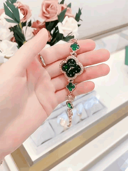 프리미엄 에메랄드 큐빅 클로버 여성 시계