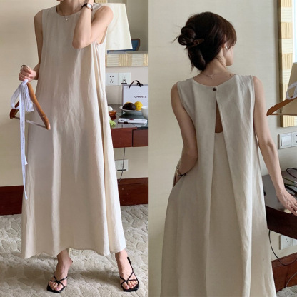 천연 린넨 민소매 펀칭 원피스