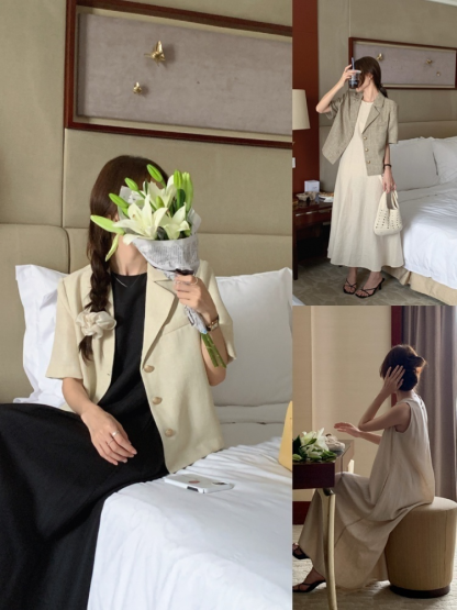 천연 린넨 민소매 펀칭 원피스