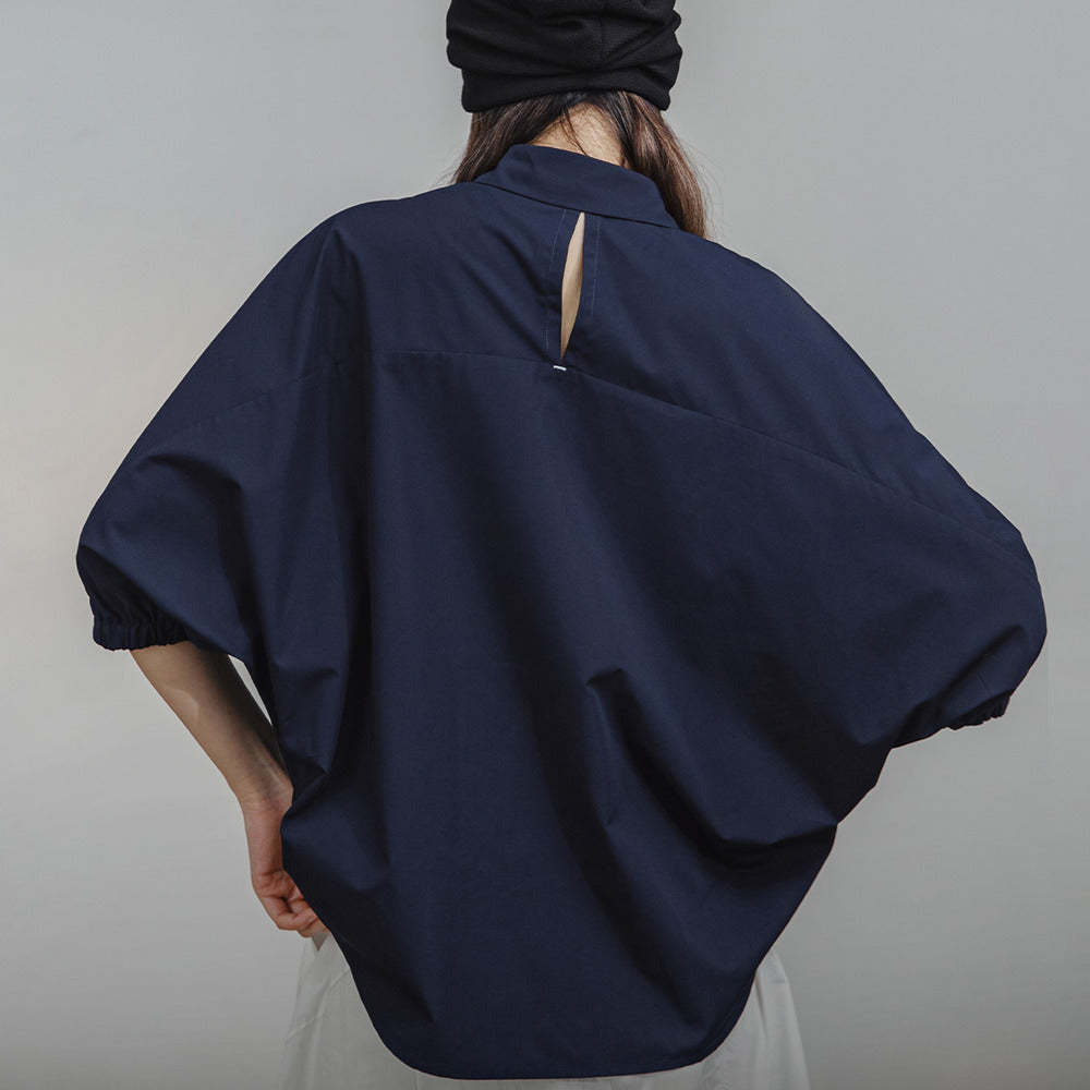 馬登女裝 美式襯衫七分袖寬鬆上衣蝙蝠袖休閒透氣立領外套可疊穿夏季女