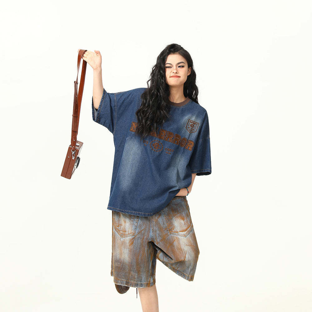 美式復古重工刺繡水洗牛仔短袖T恤女寬鬆夏半袖