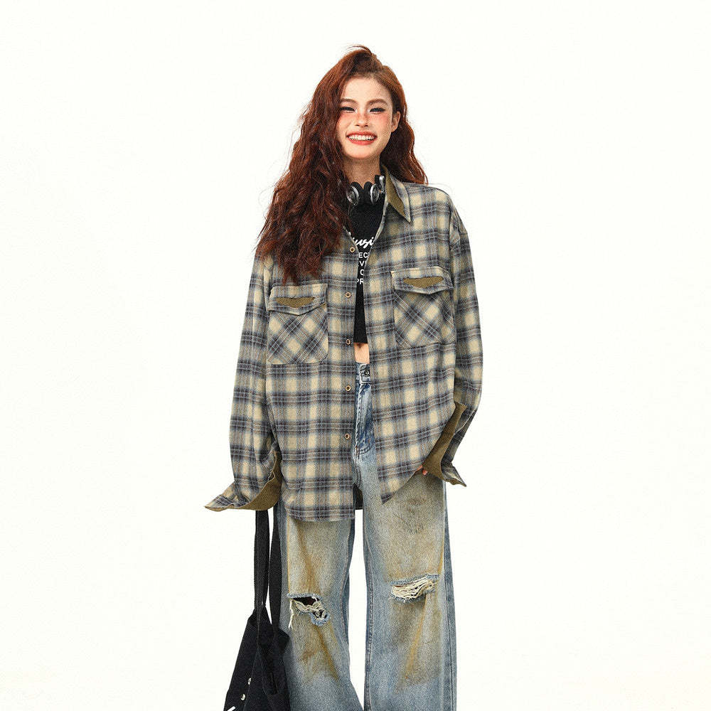 美式復古拼接撞色設計感秋季格子長袖襯衫女寬鬆百搭襯衣