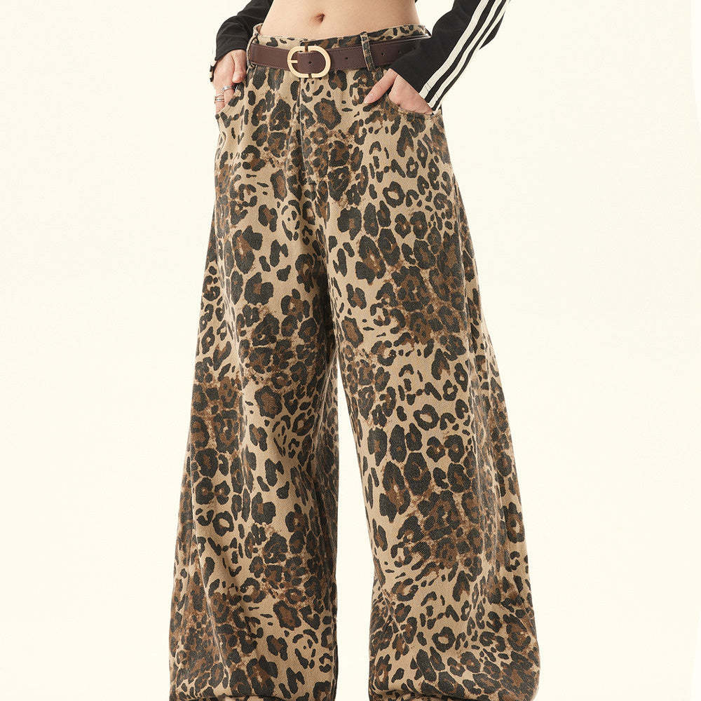 美式復古街頭寬鬆闊腿豹紋褲女寬鬆大碼潮牌嘻哈街舞褲