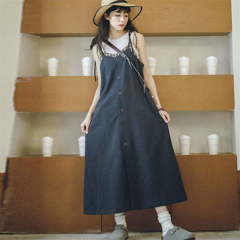 馬登女裝 復古格紋拼接背帶裙顯瘦A字寬鬆吊帶連衣長裙無袖