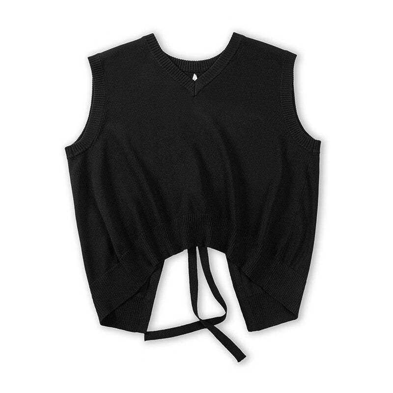 馬登女裝 法式休閒露背針織馬甲v領系帶慵懶背心無袖疊穿坎肩上衣